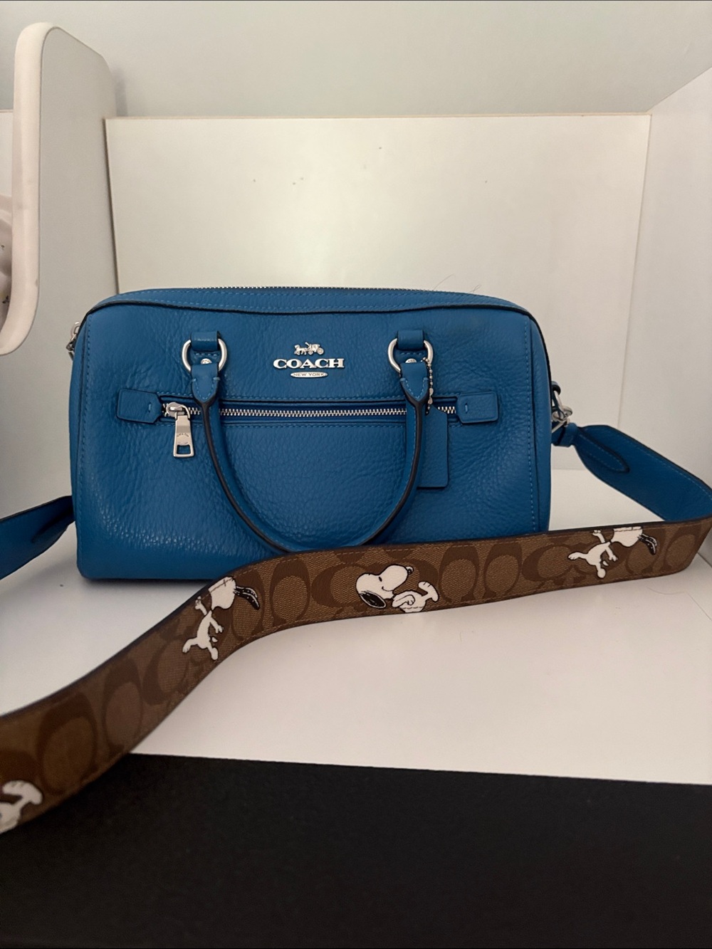 Coach Snoopy Blue Pebbled Leather Satchel with Silver Hardware